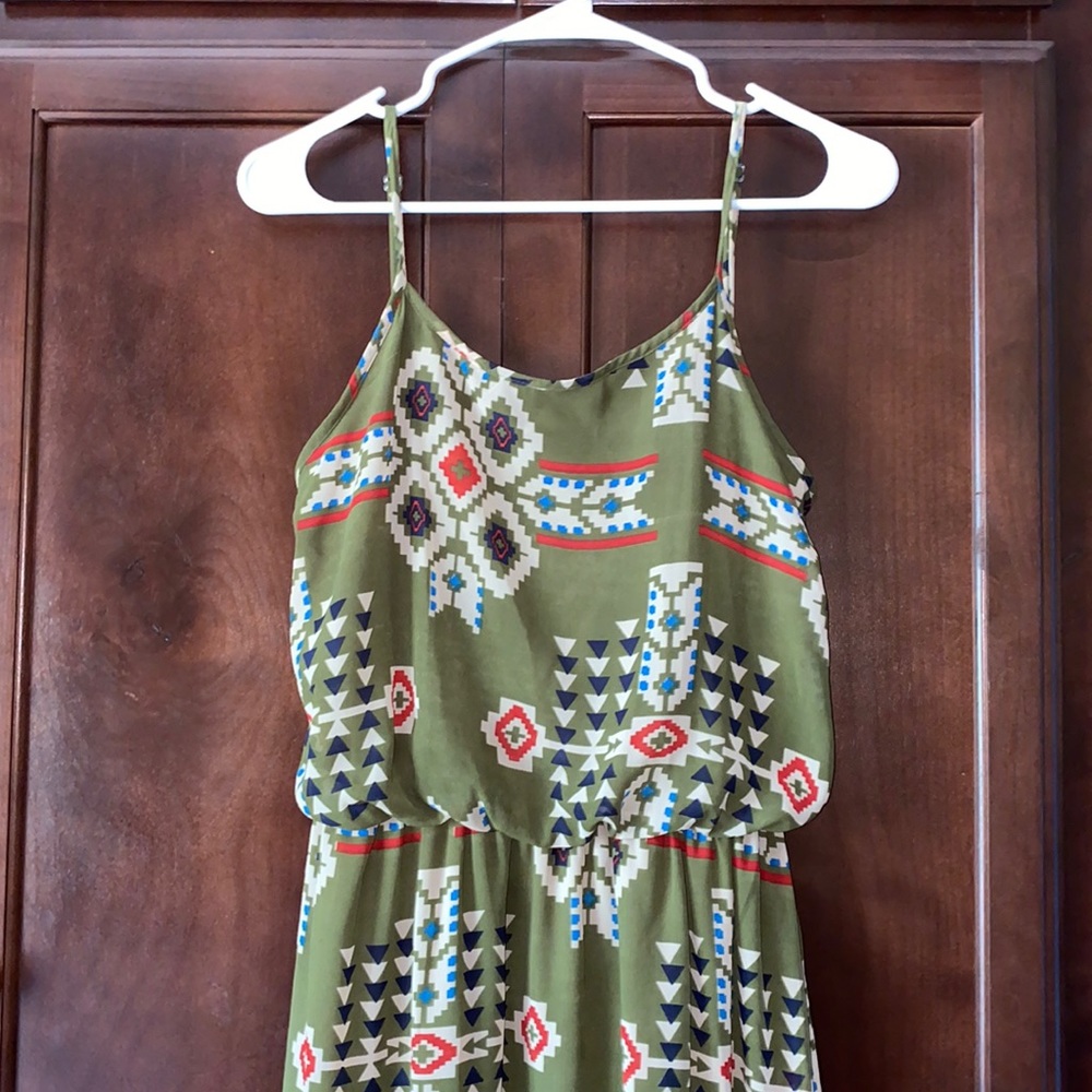 Fun& Flirt Long Olive Green & Pattern Dress